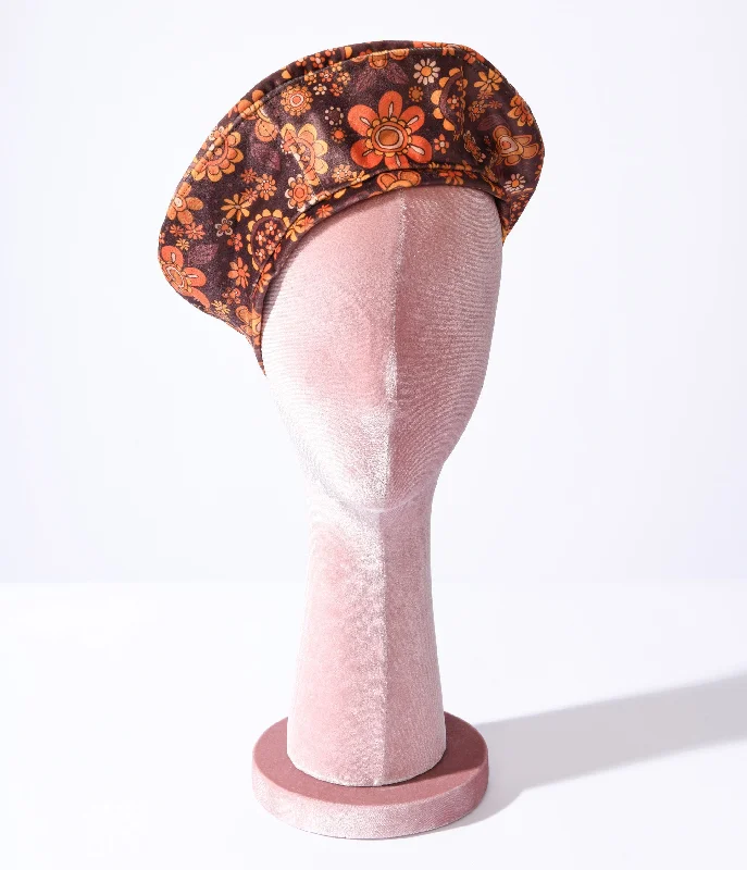 1970s Brown Retro Floral Velvet Beret