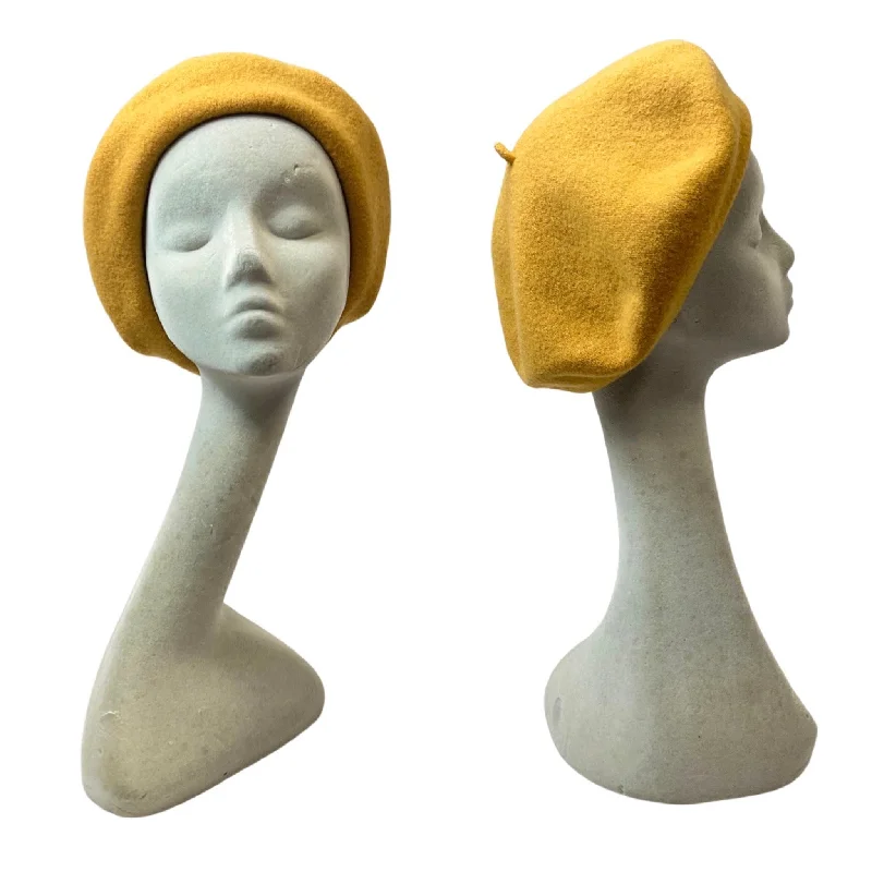 VINTAGE 60s 70s SUNSHINE YELLOW MOD WOOL BERET