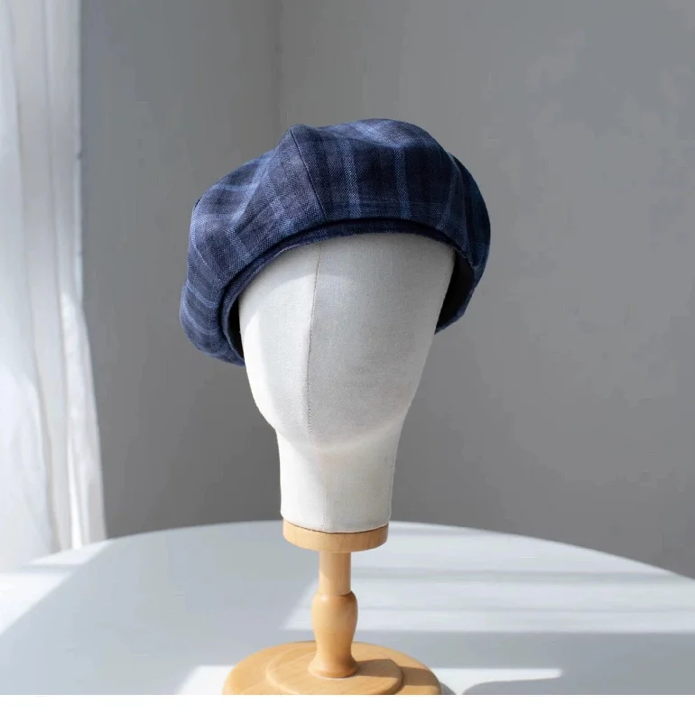 Oversized Plaid Cotton Linen Beret Hat