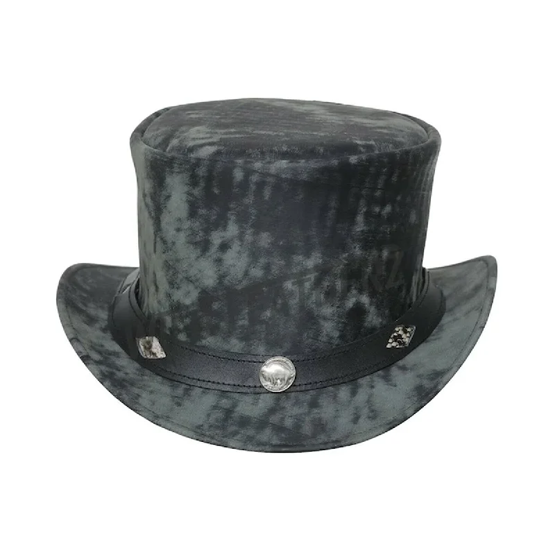 Distressed Black Five Cent V Band Leather Motorcycle Biker Top Hat