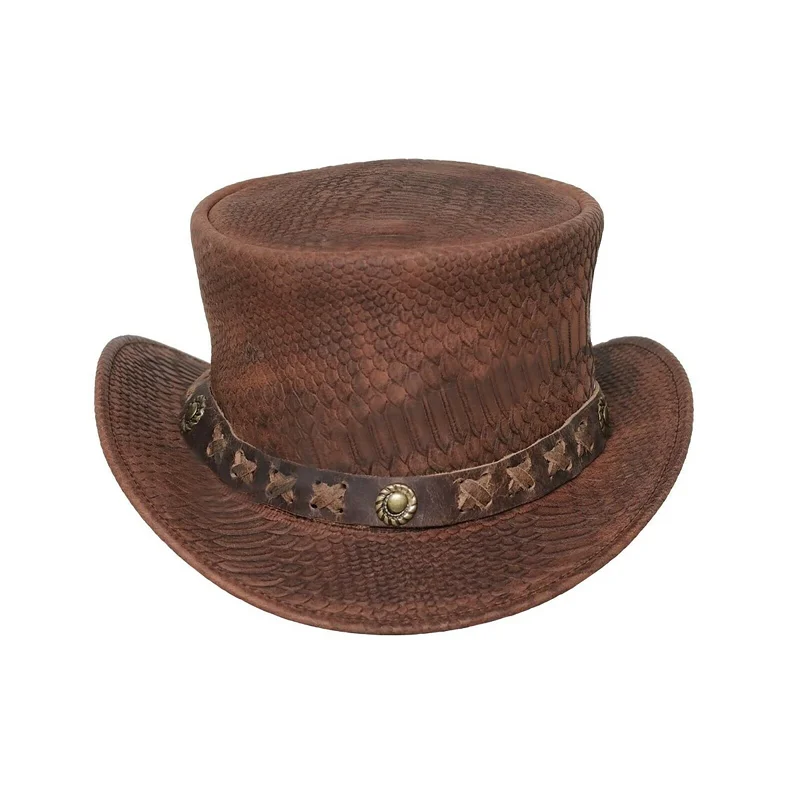 Distressed Brown Leather Top Hat with Snake Plated Accent