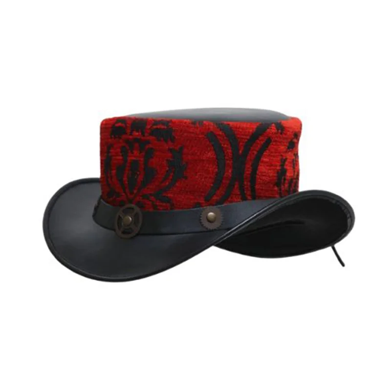 Leather Top Hat with Steampunk Sprocket Band in Vintage Red