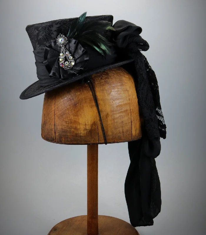 Mini Top Hat - Black Brocade / Ribbon Cockade / Antique Silver Jewel