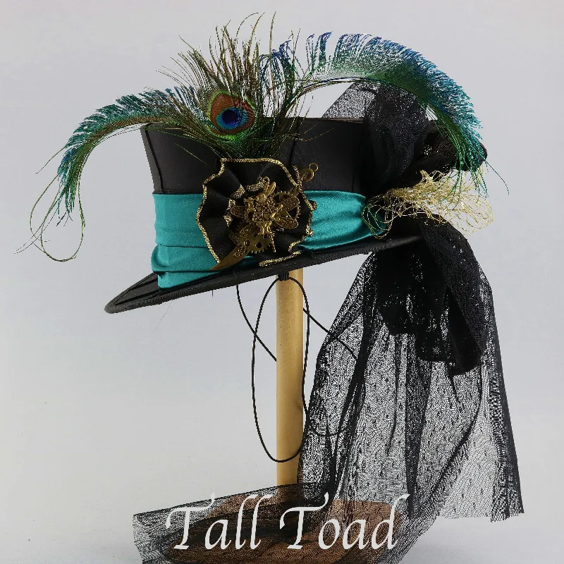 Mini Top Hat - Black Taffeta Teal Band / Peacock Feathers