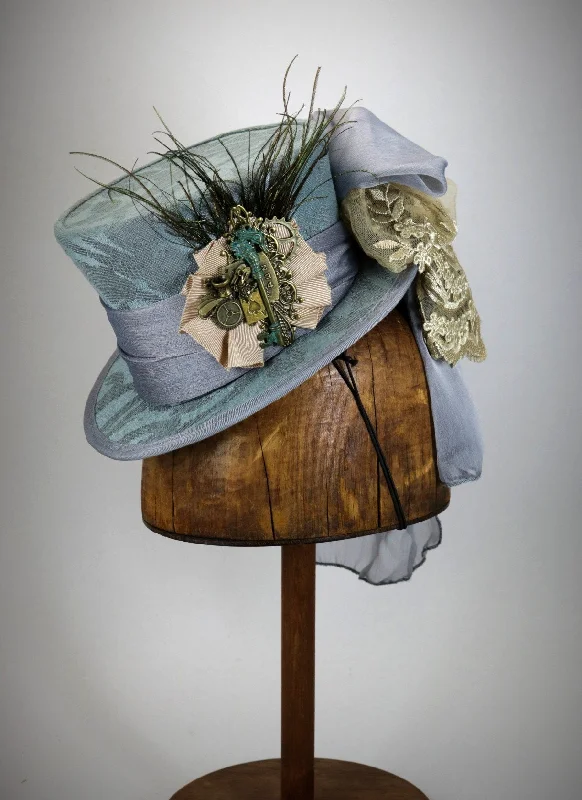 Mini Top Hat - Pale Blue Damask / Seahorse Alice in Wonderland Decoration/ Embroidered  Lace