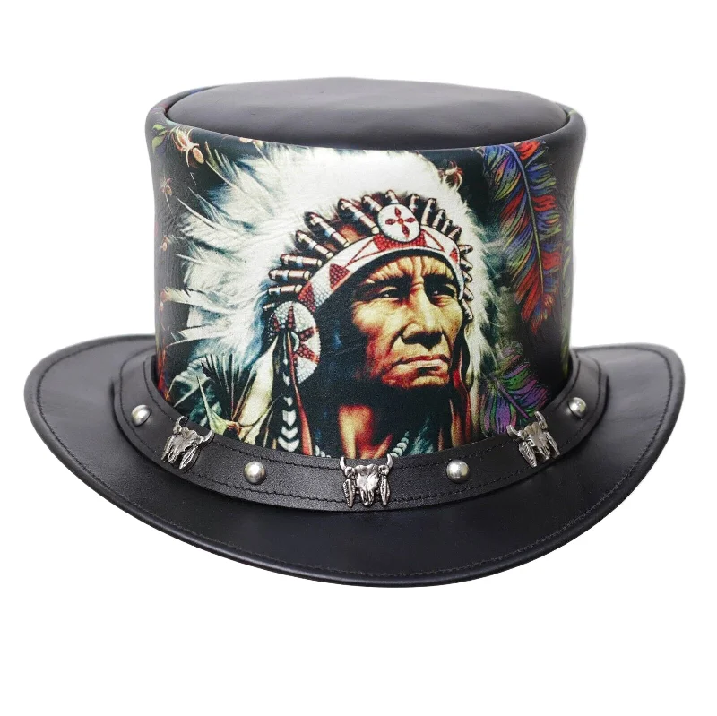 Red Indian Feather Head Leather Top Hat- Native American Style