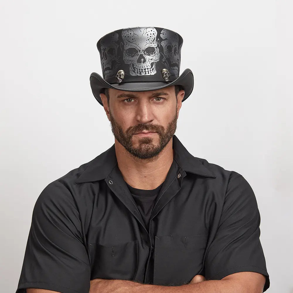 Silver Skull | Mens Leather Top Hat with Skull Hat Band