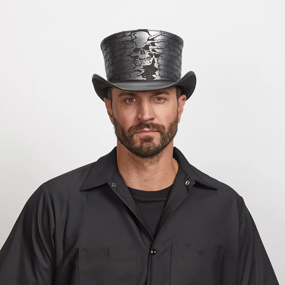 Trapped | Mens Leather Top Hat with Brick and Skull Artwork