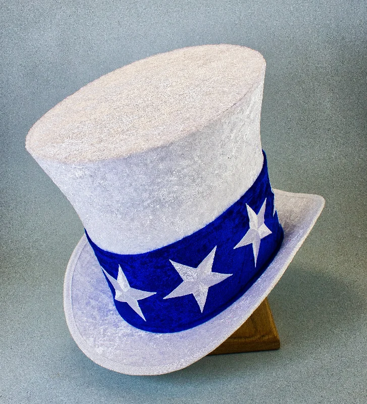 Uncle Sam Top Hat - White Velvet / Blue Band / 3" Stars