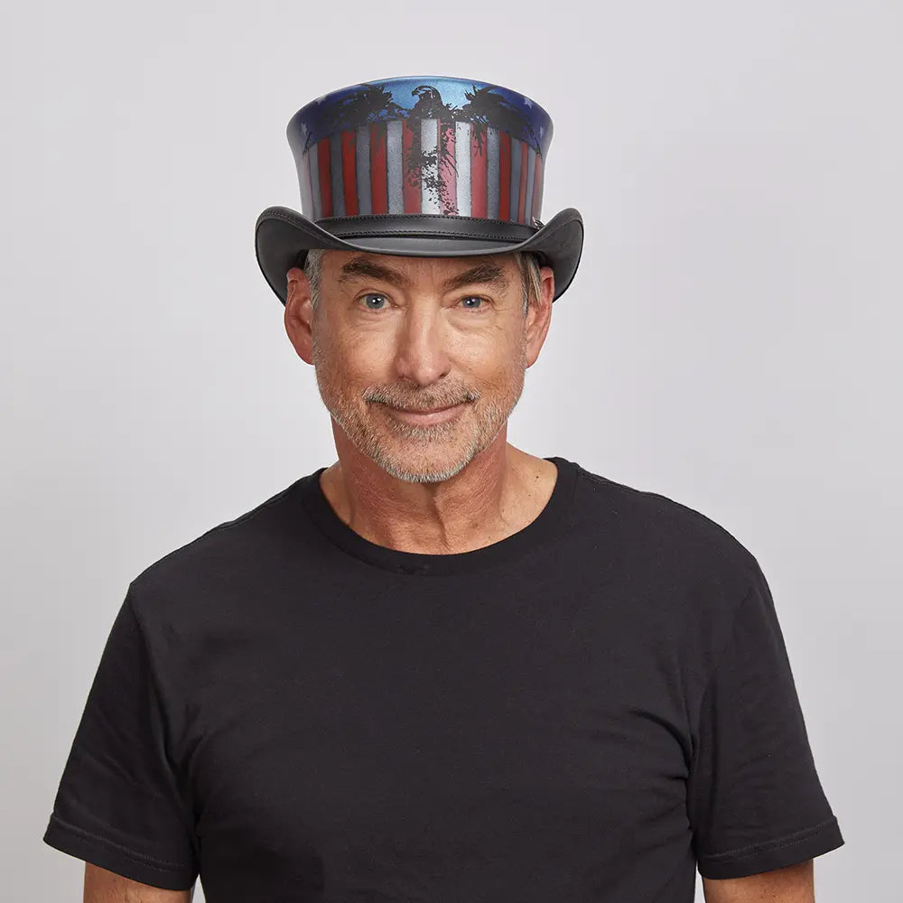 USA | Mens Leather Top Hat with American Flag Accent