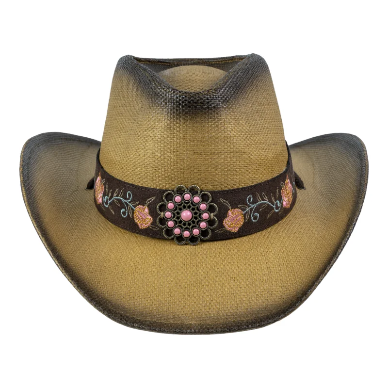 Chokore Embroidered Straw Cowboy Hat with Windproof Rope (Khaki)