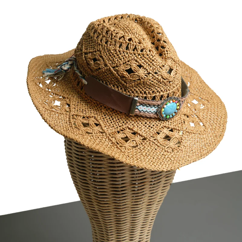 Chokore Handcrafted Straw Cowboy Hat with Tibetan Belt (Khaki)