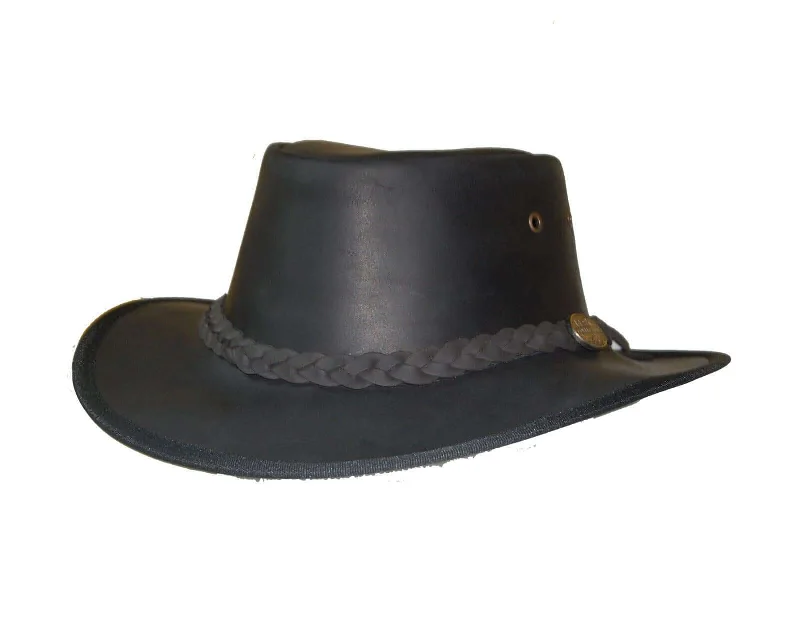 Australian Style Leather Cowboy Black Bush Hat Cowboy Western With Chin Strap