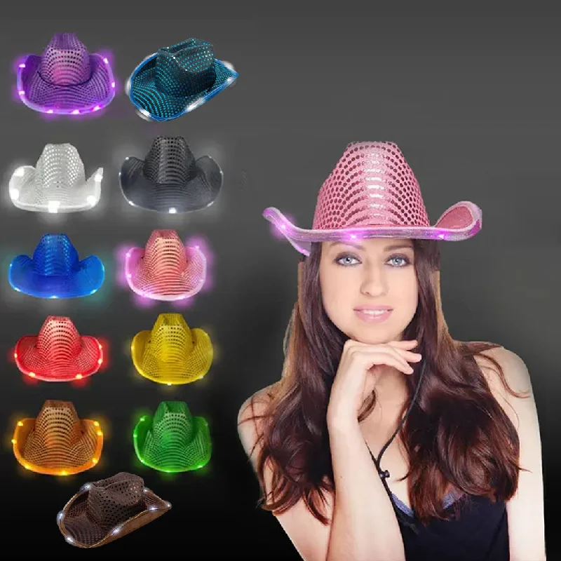 LED Light Up Flashing Sequin Cowboy Hats - Pack of 12